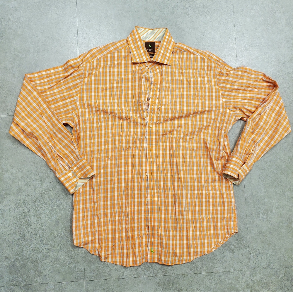 TaylorBryd Long sleeve collard polo orange blue plaid Men's shirt size XL